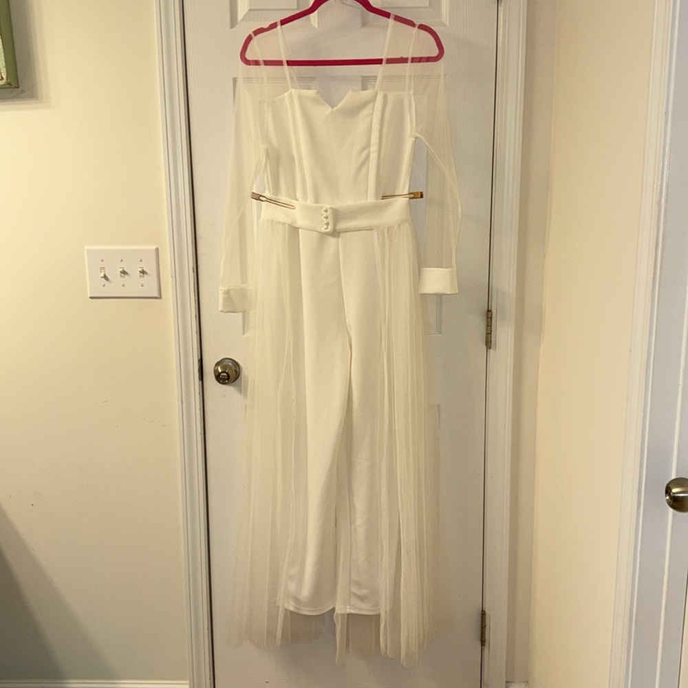 White Jumpsuit with tulle sleeves & removable tulle back skirt